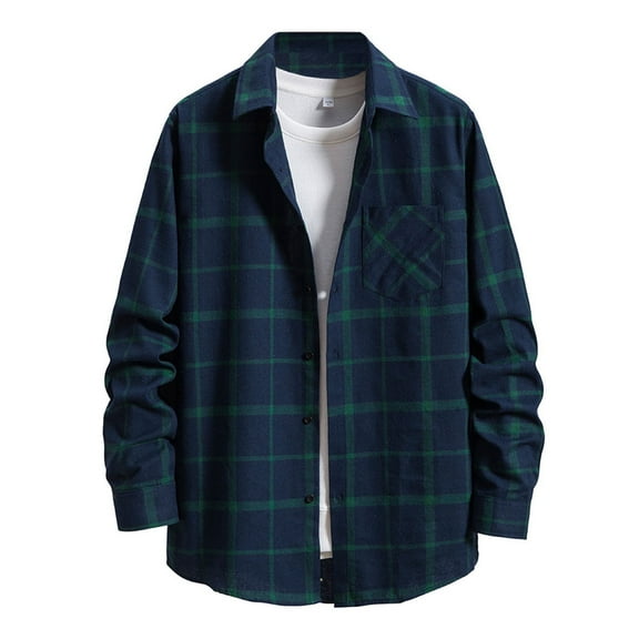 Mens Beach Shirts Men's Leisure Plaid Long Sleeve Slim Single Turn-Down Collar Shirt Mens Shirt Dark Blue L