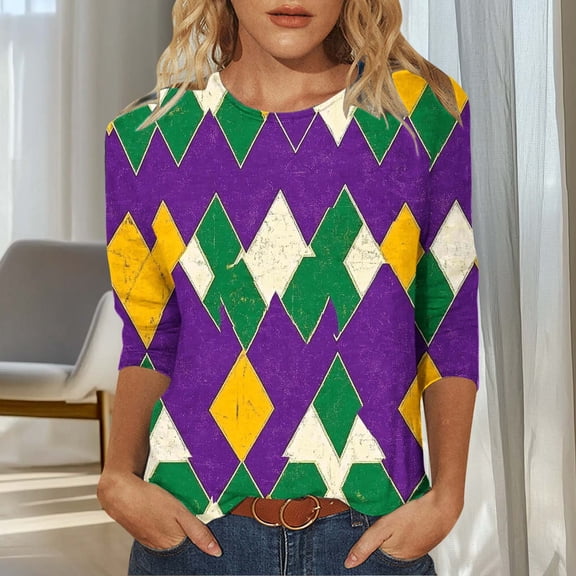 Kctiaxy Mardi Gras 3/4 Length Sleeve Womens tops Carnival Graphic Crew Neck T-Shirts Casual Loose Fits Party Pullover Tops Blouse