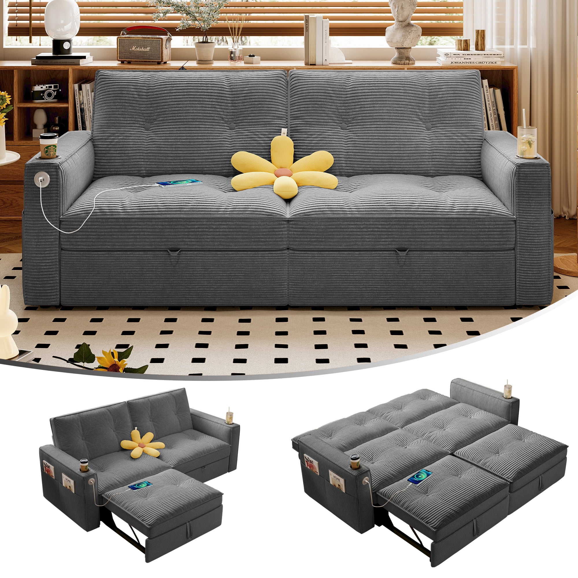 Leumius 73.2" Convertible Corduroy Sofa Bed with Pull Out Bed ,2-in-1 Multi-Functional Sofa Couch with Steel Frame for Living Room,Bedroom,Apartment,Small Spaces,Grey
