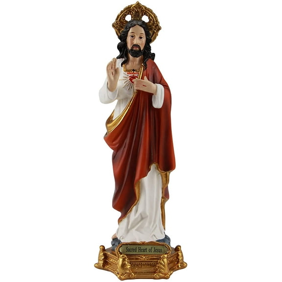 Sacred Heart of Jesus Christ 8 Inch Resin Colored Gold Base Statue Figurine