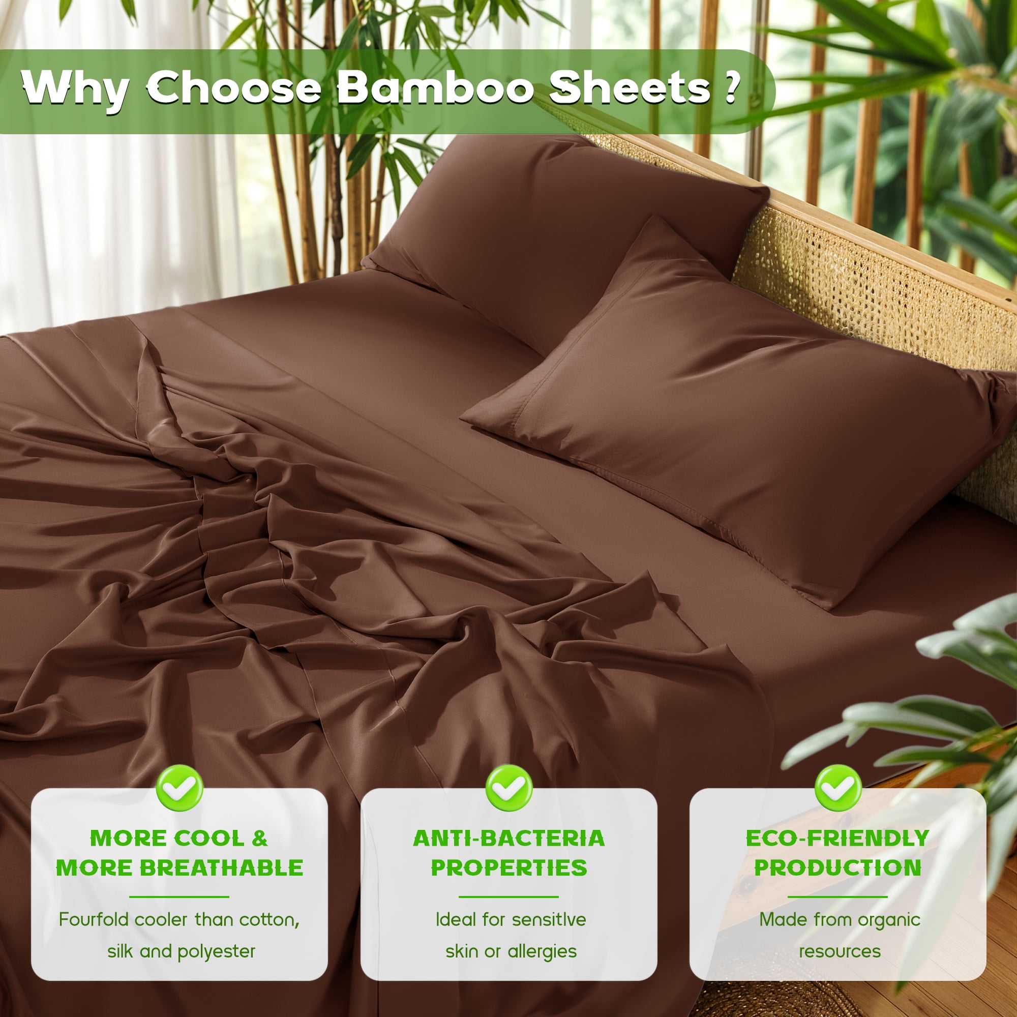 Sonoro Kate Luxury Cooling Bamboo Bed Sheet Set - Deep Pockets - 3 Piece, Twin, Brown