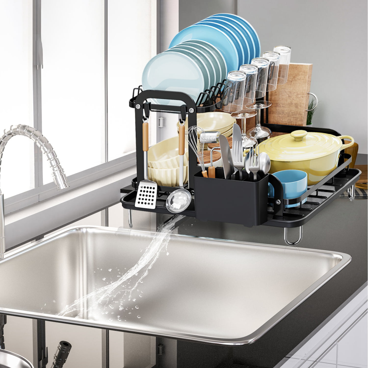 Zorpupoa 2 Tier Dish Drying Rack Carbon Steel Dish Rack for Kitchen Counter Dish Drainer with Cutlery Holder Kitchen Organizer for Dishes Spoons Forks, Black
