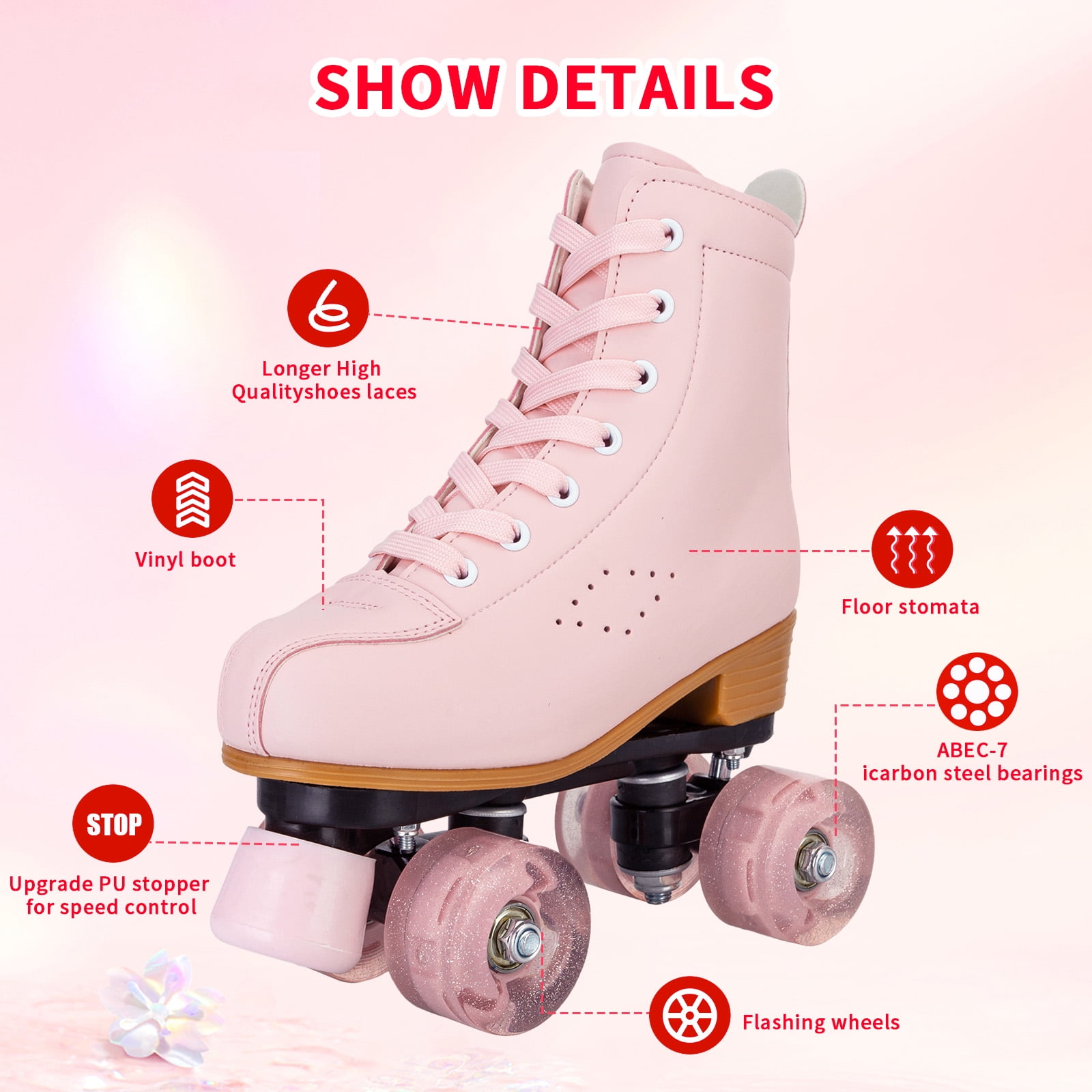 EONROACOO Roller Skates for Women Girls with Light up Wheels, Adult Pink Skates(Women 10/Men 8.5)