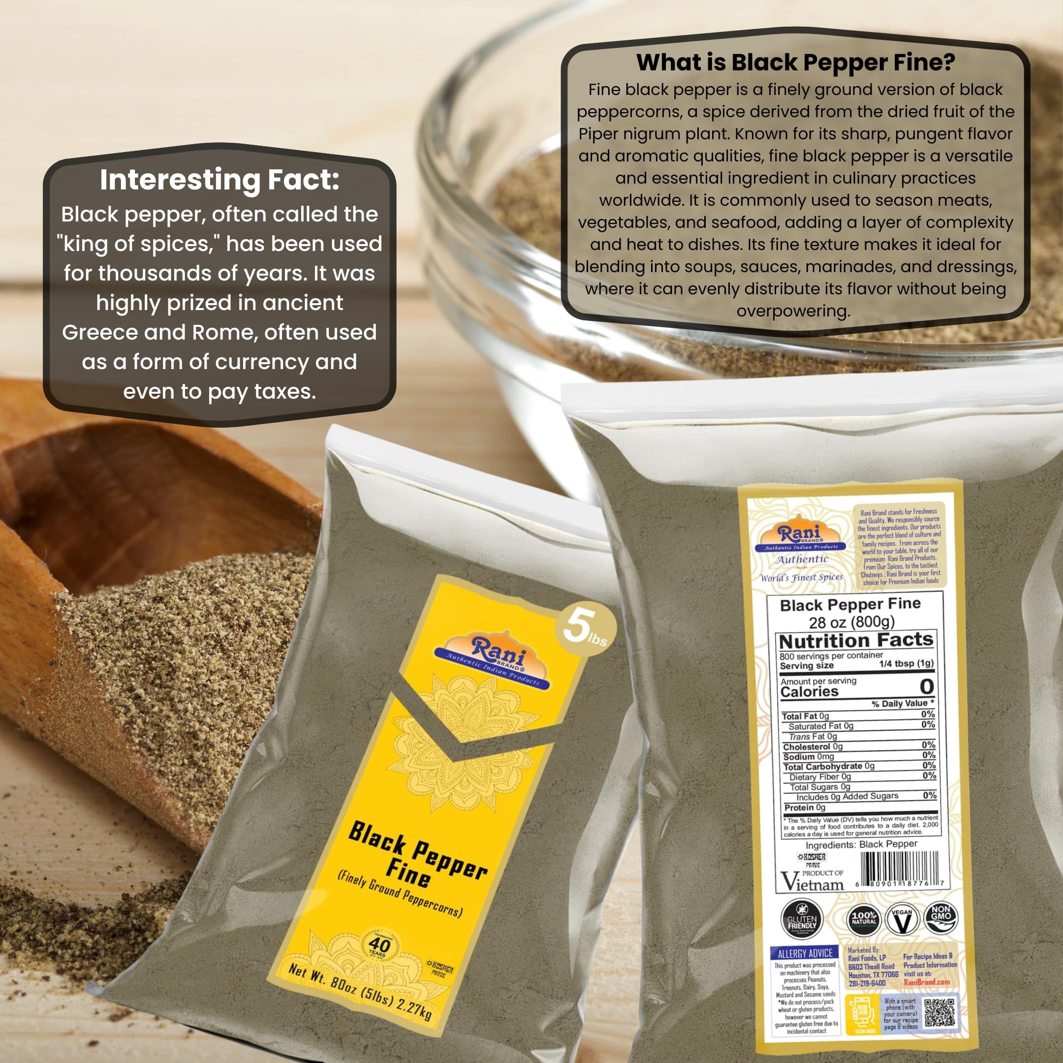 Rani Black Pepper Fine Powder 80 Mesh, 80oz (5lbs) 2.27kg Bulk ~ All Natural | Vegan | Gluten Friendly | NON-GMO | Kosher