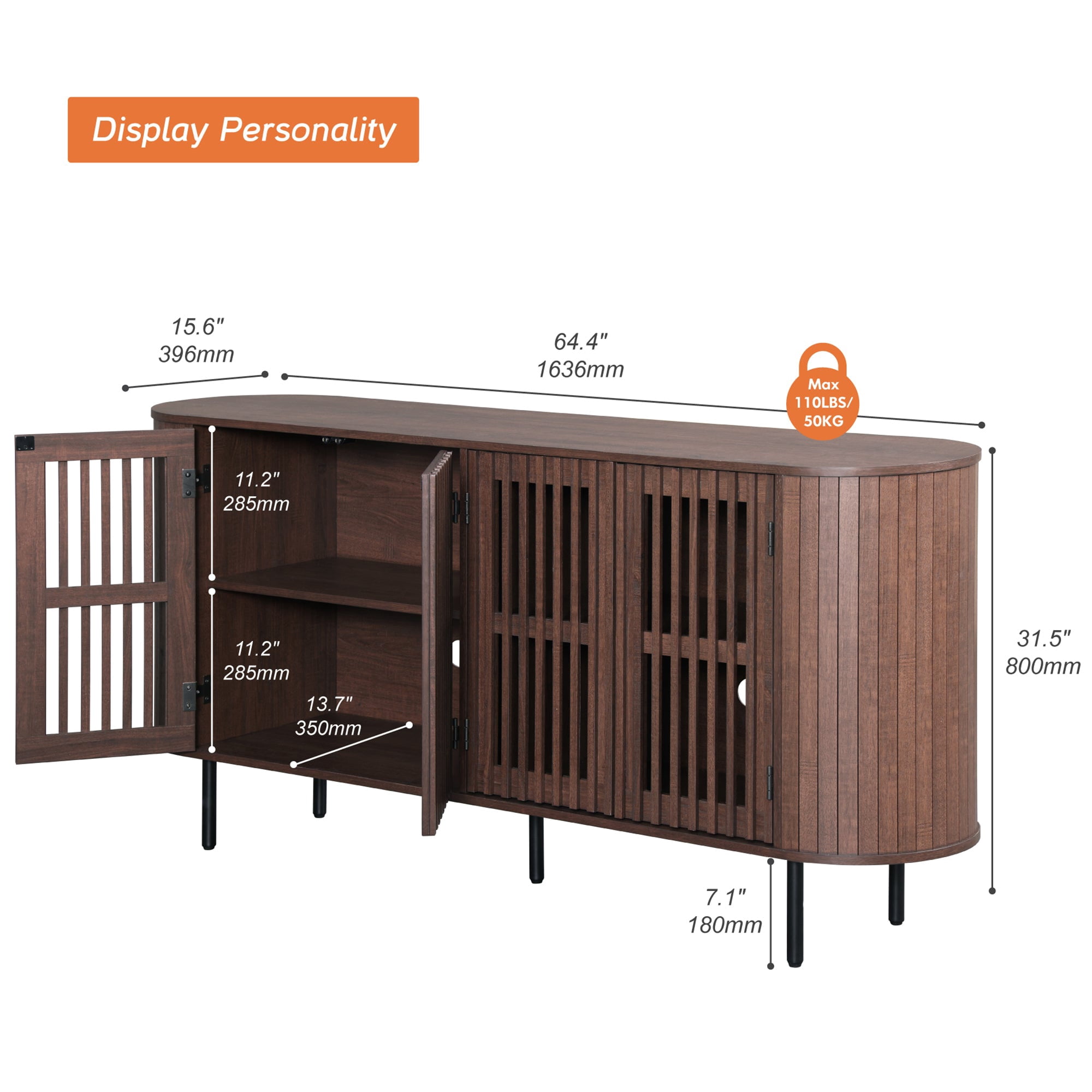 FITUEYES 64" Sideboard Buffet Cabinet with 4 Storage Compartments, Modern Curved Design Coffee Bar Cabinet for Living Room, Dining Room & Entryway, Walnut
