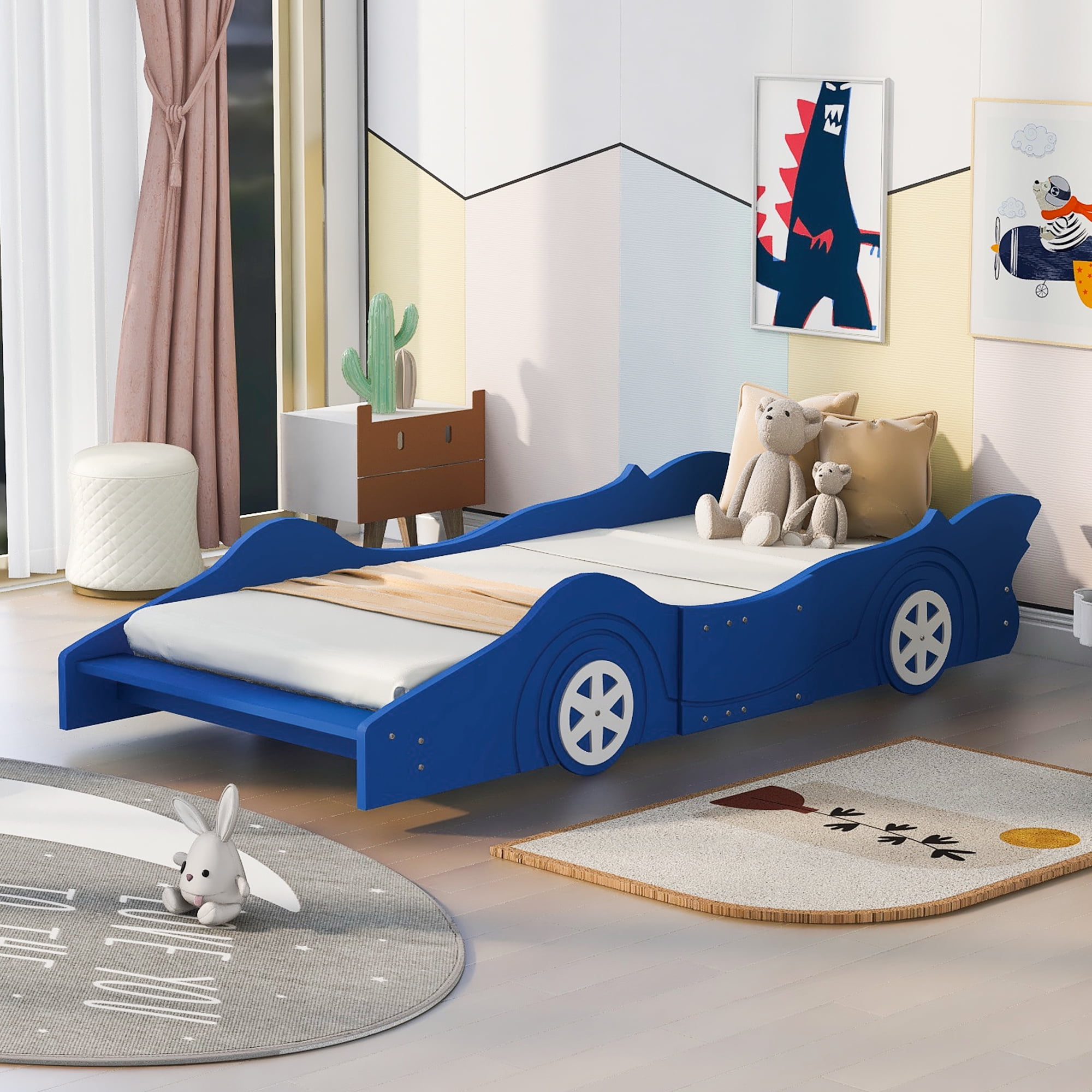 Solid Wood Race Car-Shaped Platform Bed with Wooden Slats, Bed with Wheels, Platform Bed with Headboard and Footboard, No Box Spring Needed (Blue,Twin)
