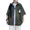 thumbnail image 1 of Camisa con cuello vuelto para hombre Bolsillo en el pecho Medias mangas Blusa informal holgada con cierre de botón Verde XL, 1 of 8