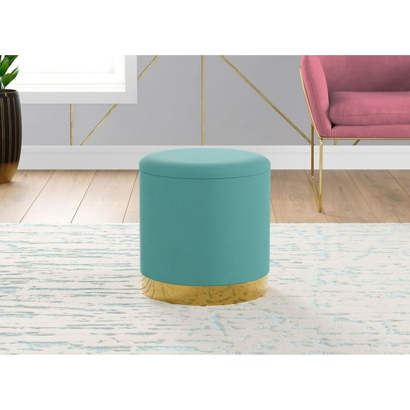 Safdie & Co. Premium Storage Ottoman Cylinder Foot Rest Stool Bench Lounge Seat Velvet Aqua with Gold Metal for Living Room Dressing Room or Bedroom