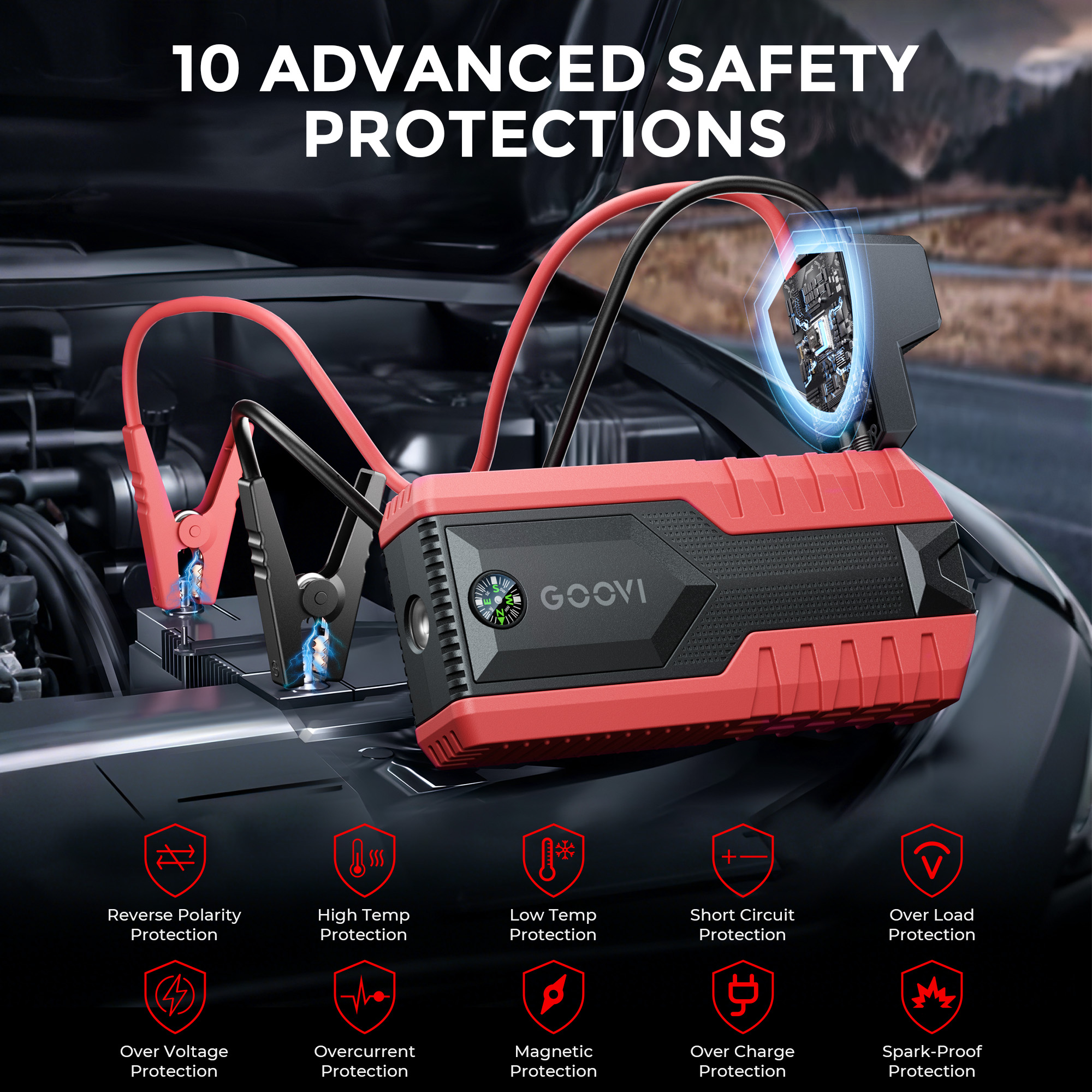 GOOVI Car Jump Starter 2000A Peak 12V Battery Jump Box Portable Battery Booster with LED Light USB Quick Charge