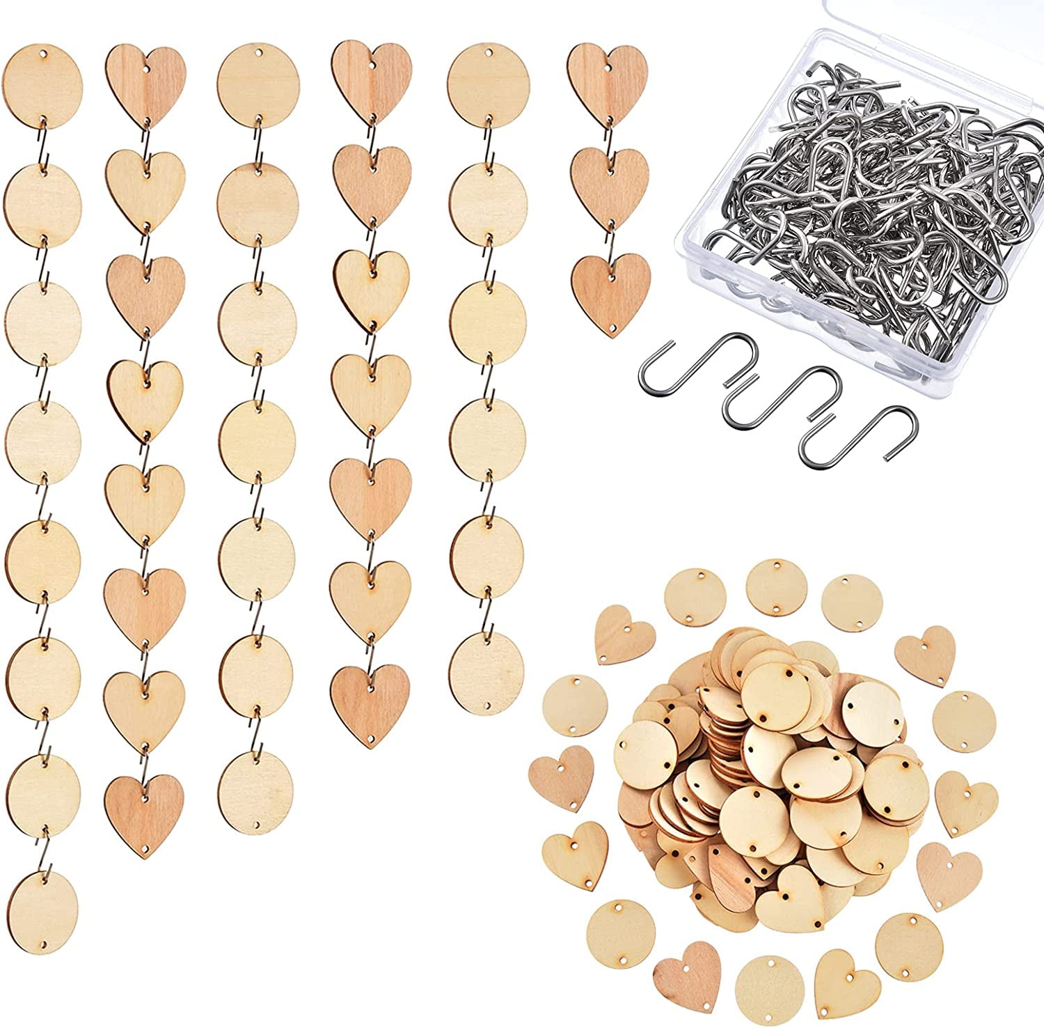 Wooden Discs for Crafts with 2 Holes Round Wood Discs and S Hooks  Connectors for Birthday Board Tags, Chore Boards and DIY Valentine's Day  Decoration