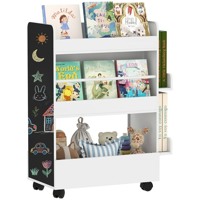 Qaba Bibliothèque pour Enfants, Bibliothèque pour Enfants avec Roues, Tableau Noir, pour 3-8 Ans