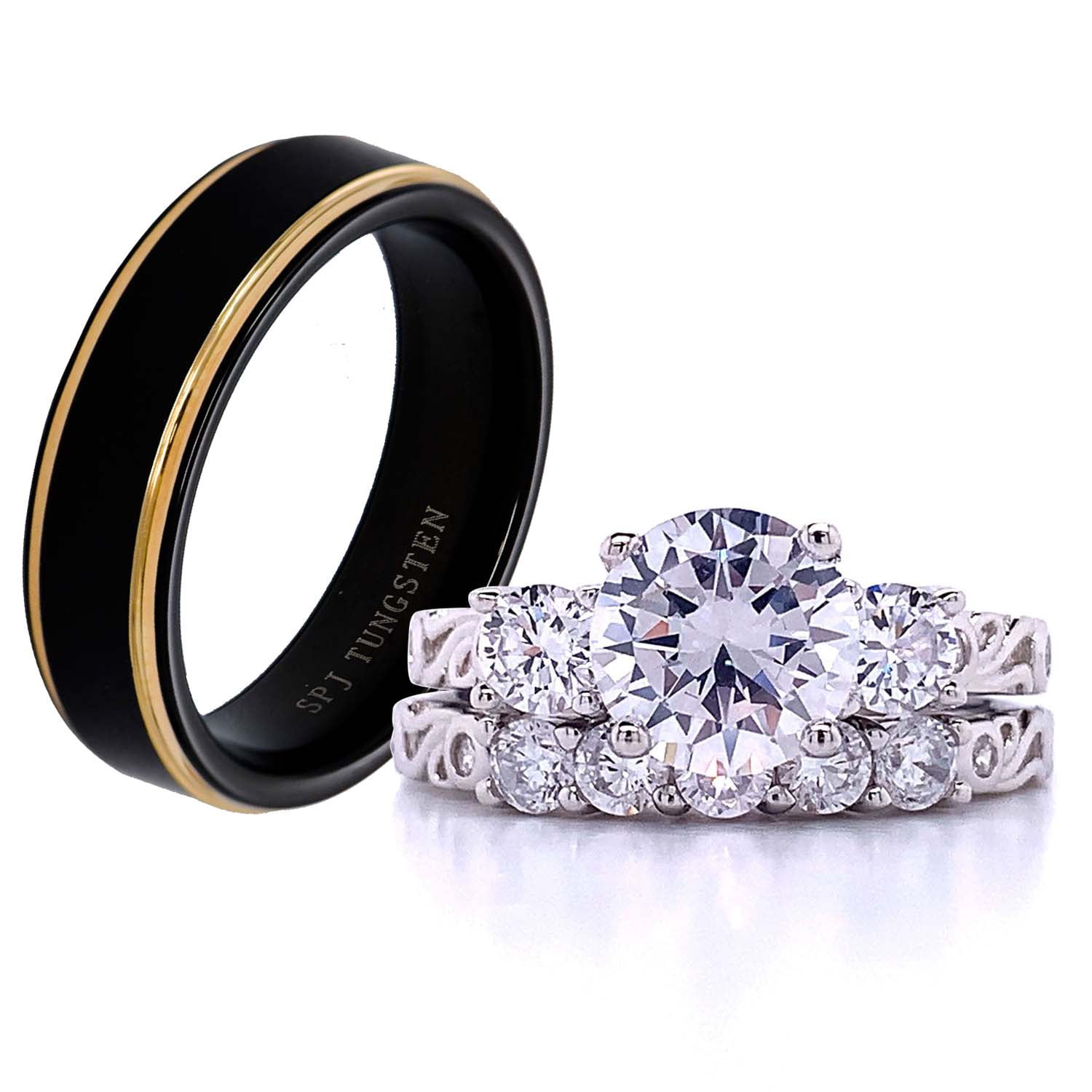FlameReflection Black Stainless Steel Round Shape Cubic Zirconia Wedding Ring Set Women Size 5-10 SPJ