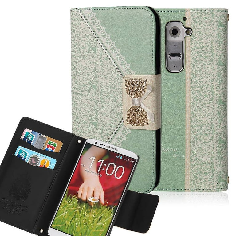 LG G2 / D802 Bow Luxury PU Leather Flip Case Wallet Cover Green