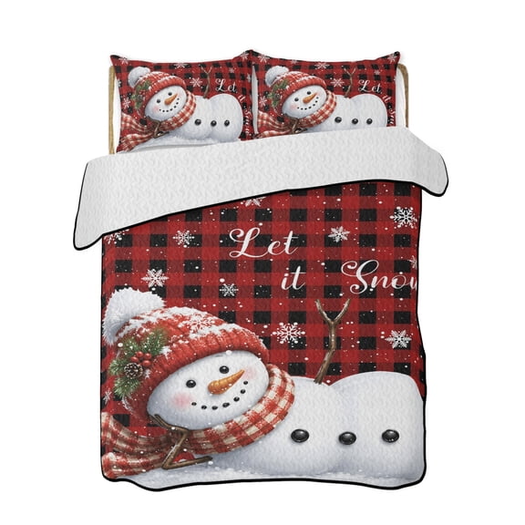 Quilt King Size Bedding Set, Christmas Scarf Snowman Reversible Summer Quilt 3 Pieces, Red Black Plaid Xmas Snowflake Lightweight Bedspreads Coverlets with 2 Pillow Shams for All Seasons