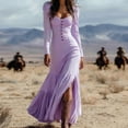 thumbnail image 7 of YUGYXL Womens Vintage Western Cowgirl Dress Deep V Neck Long Sleeve Button Down Maxi Dresses Retro Slit Ruffle Dress Purple XXXL, 7 of 7
