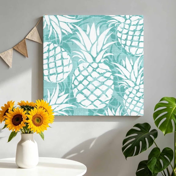Teal Blue Pineapple Canvas Wall Art, Summer Country Vintage Tropical Botanical Fruits Framed Canvas Wall Decor Picture Print Artwork Decorations for Living Room Office Ready to Hang 10" x 10"
