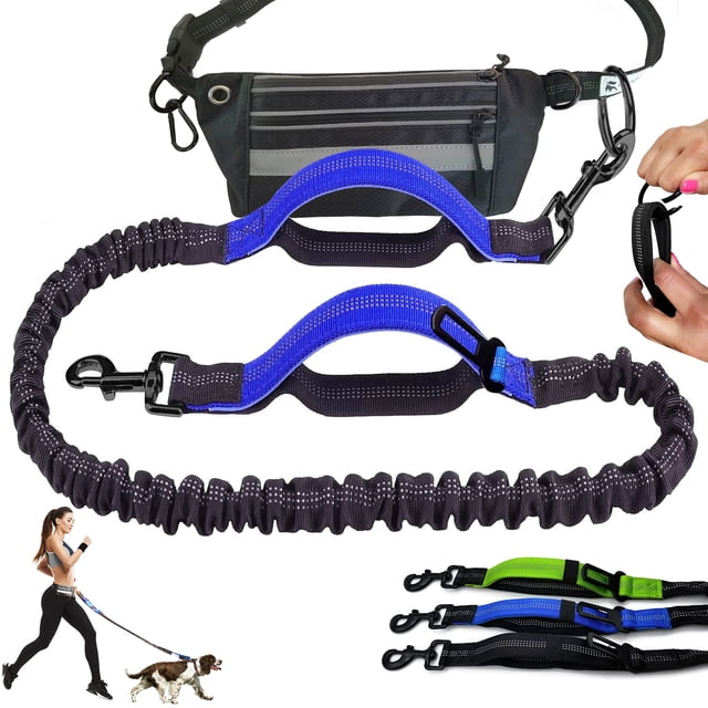 FurLeashUs Laisse pour Chien Mains Libres pour Course Marche Conduite Entraînement Randonnée, Poignée Double Réfléchissante, Pochette Distributrice de Sacs de Crottes, Ceinture Ajustable, Absorbant les Chocs, Idéal pour Moyen à Grand