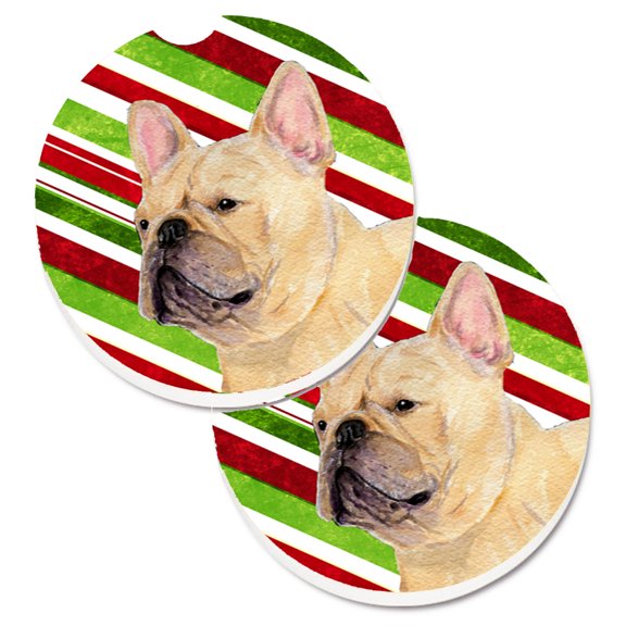 French Bulldog Candy Cane Holiday Christmas Set of 2 Cup Holder Car Coasters