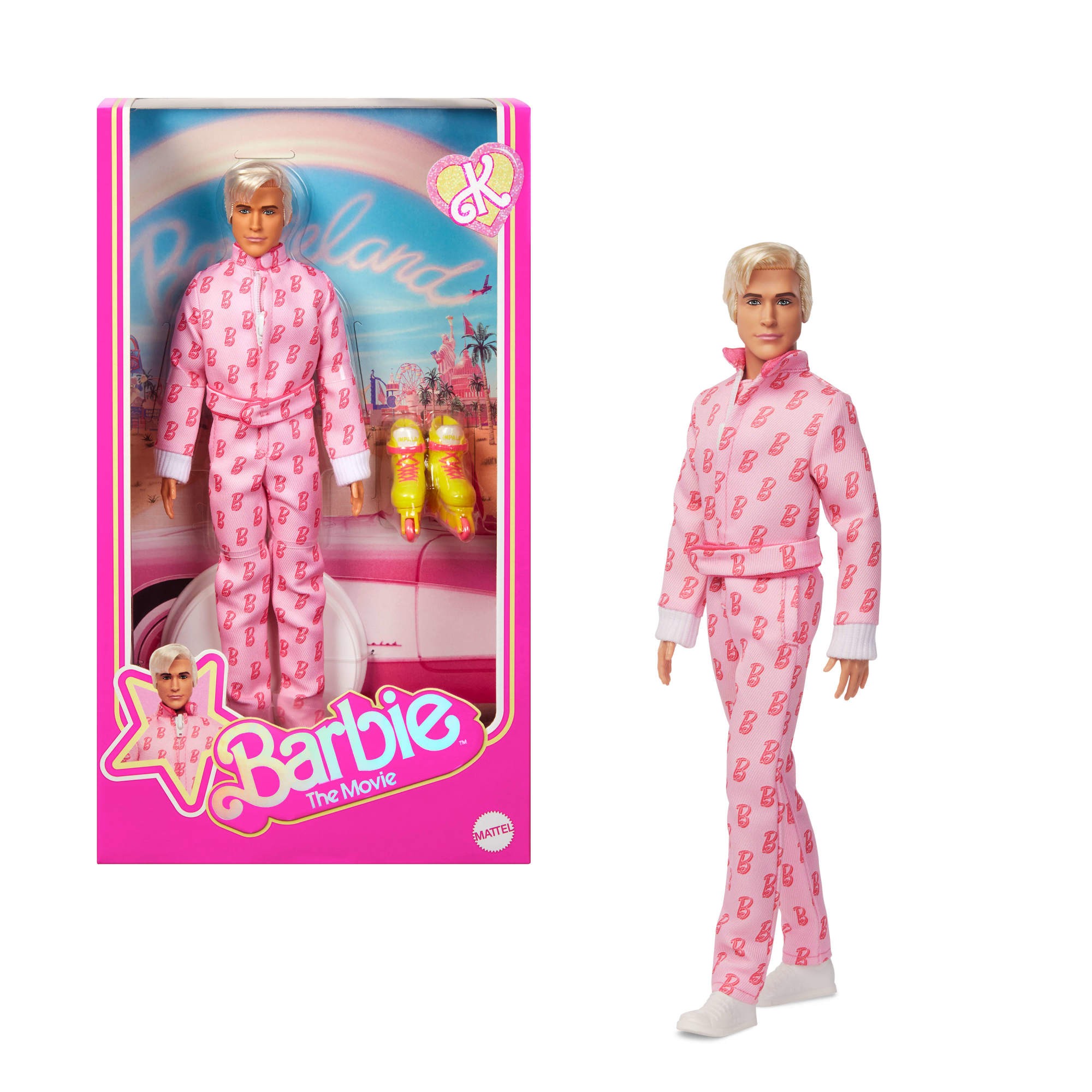Barbie The Movie Ken Collectible Doll, Ryan Gosling as Ken Wearing Pink Jumpsuit with "B" Detail