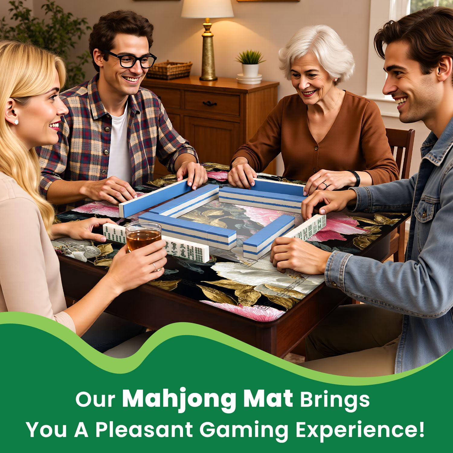 Mahjong Mat 31.5" x 31.5" Peonies pheasants Floral vintage seamless flowers Non-Slip Noise Reduction American Mahjong Tiles Table Cover for Dominoes Poker Card Board Games Gift