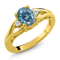 Gem Stone King 18K Yellow Gold Plated Silver Persian Blue Moissanite and White Moissanite 3 Stone Engagement Ring for Women | 1.46 Cttw | Oval 8X6MM | Round 2MM | Gemstone Birthstone | Size 9