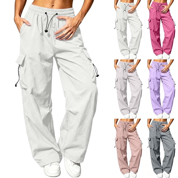 Yxbdin Cargo Pants for Women Plus Size Straight Leg Pants with Pockets Classic Elastic Drawstring Waist Trousers Comfortable Hiking Trousers