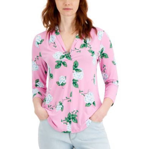 MSRP $50 Charter Club Women Floral-Print 3/4-Sleeve Blouse Pink Size Small