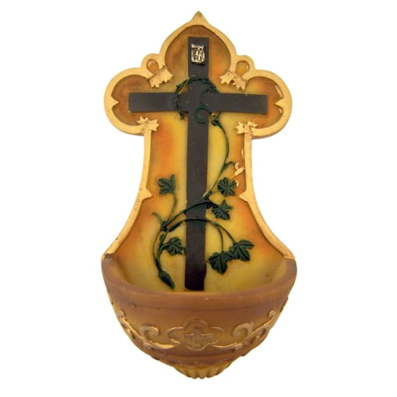 Cb Corona De Espinas Cruz Con Vides Resina Fuente De Agua Bendita 5 1/4 Pulgadas