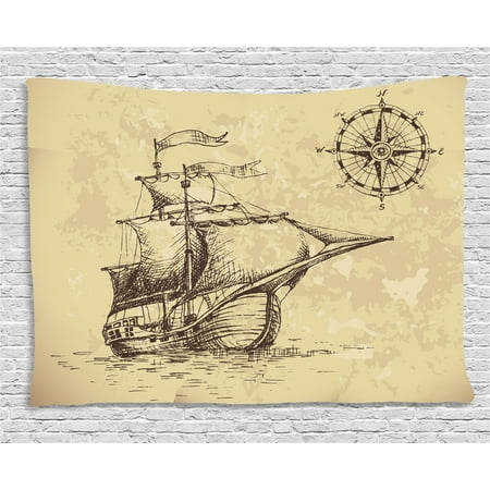 - Compass Tapestry, Hand Drawn Old Paper Style Background Ancient Ship Flags Journey Navigation, Wall Hanging for Bedroom Living Room Dorm Decor, 80W X 60L Inches, Brown Sand Brown, by Ambesonne
