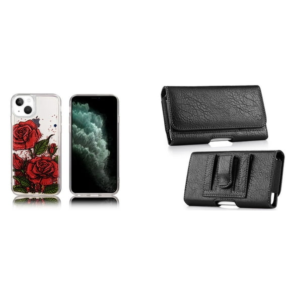 Liquid Glitter Case for iPhone 14 Plus and Belt Holster Pouch - Red Rose