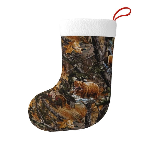 Christmas Stockings Camouflage Tree Leaves And Animal Print Large Hanging Xmas Sock Gift Bag Classic Fireplace Decor for Home, Party, and Family Celebration