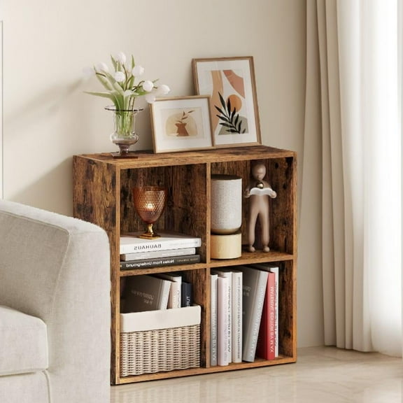 LEDREM 4-Compartment Cube Bookshelf with Open Storage, Multifunctional Bookcase and Display Shelf for Living Room Home Office Dining Room, Rustic Brown