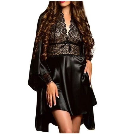 

Two-piece Set Dressing Gown Robe & Nightdress Women s Hollow-out Lace Sexy Lingerie Nightgown And Nightgown Two-piece Set Black M