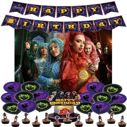 Descendants Birthday Decoration - Descendants Themed Party Supplies Set includes Cupcake Toppers, Cake Topper, Happy Birthday Banner, Balloons, Background
