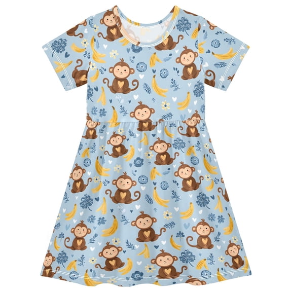 joogoo Cartoon Monkey Bananas Girls' Short Sleeve Dress Kids Dresses 5-6T