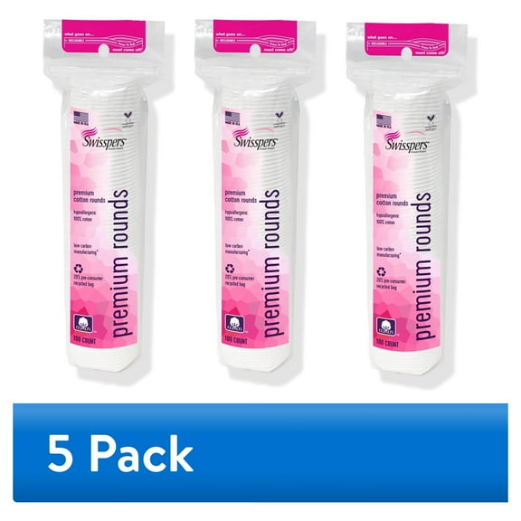 (5 pack) Swisspers Premium Cotton Rounds, 100 Pad 3-Pack (total of 300 Count)