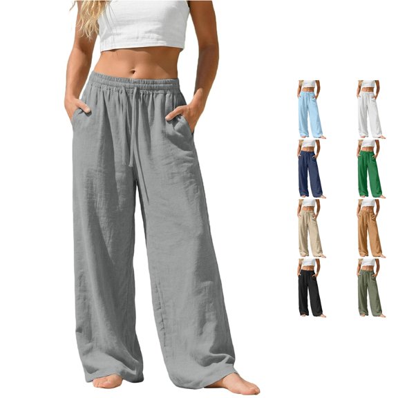 RUTAYY Women's Wide Leg Pants Elastic Waist Drawstring Solid Color Side Pockets Comfort Casual Bottoms Grey
