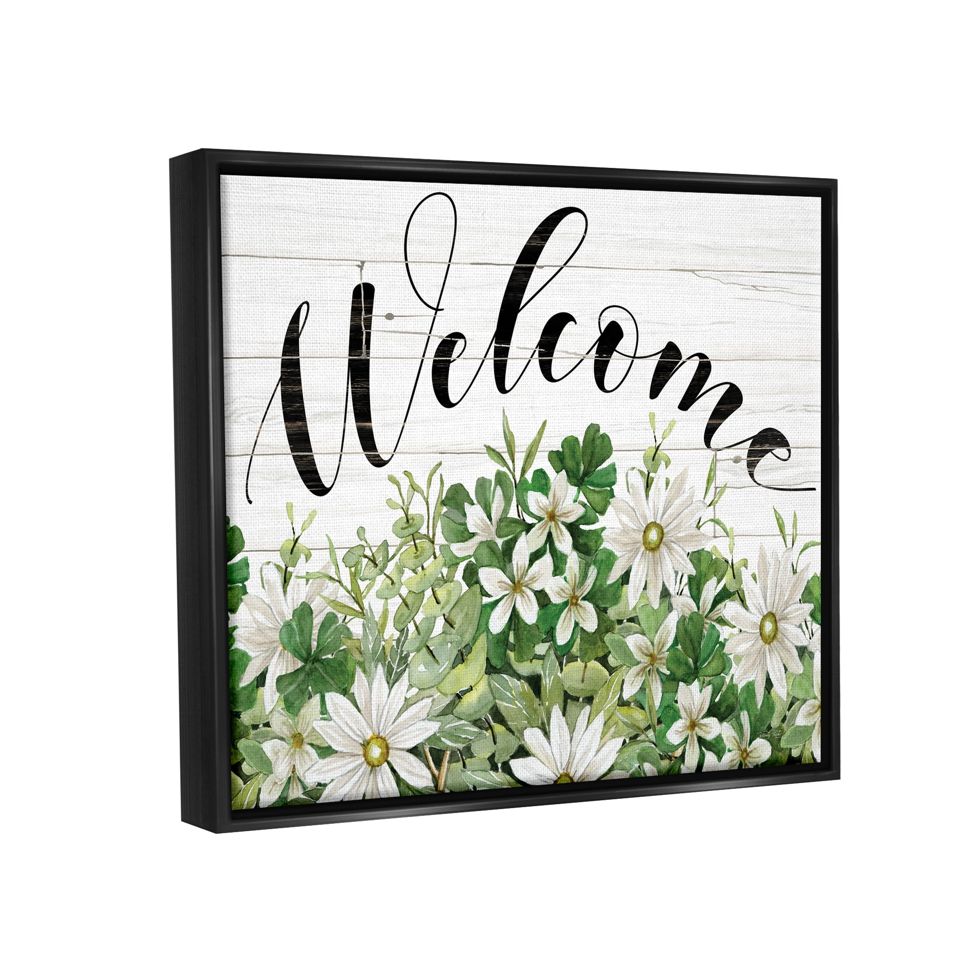 Stupell Industries Welcome Rustic Planked Sign White Flower Blossoms Graphic Art Jet Black Floating Framed Canvas Print Wall Art, Design by Cindy Jacobs