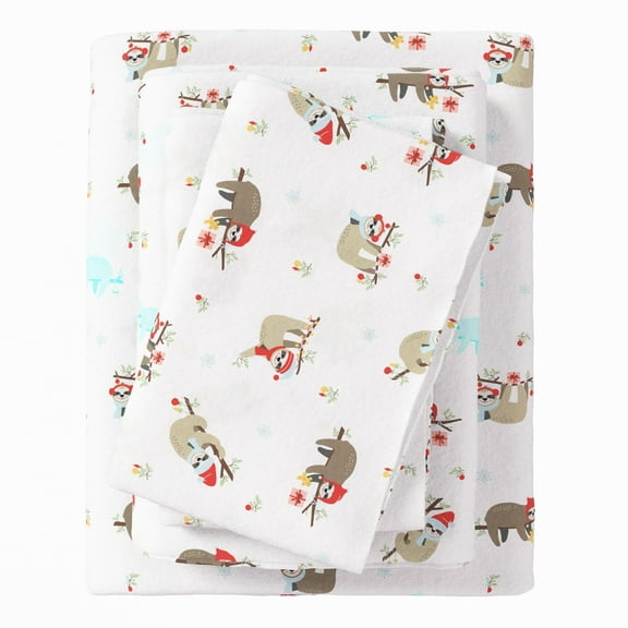 Great Bay Home Christmas Flannel Sheet Set - 100% Turkish Cotton - Double Brushed - Twin, Sloth