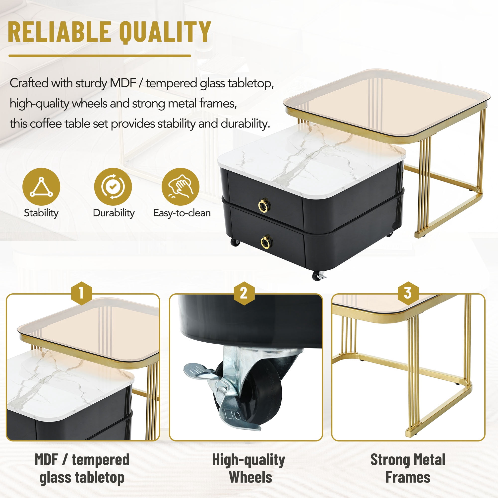 PORKISS 2-in-1 Nesting Coffee Table, Modern Square Coffee Table with Wheels and Drawers, Small Stacking Coffee Table with High Gloss Marble Grain Top and Tempered Glass for Living Room, Black/ Gold