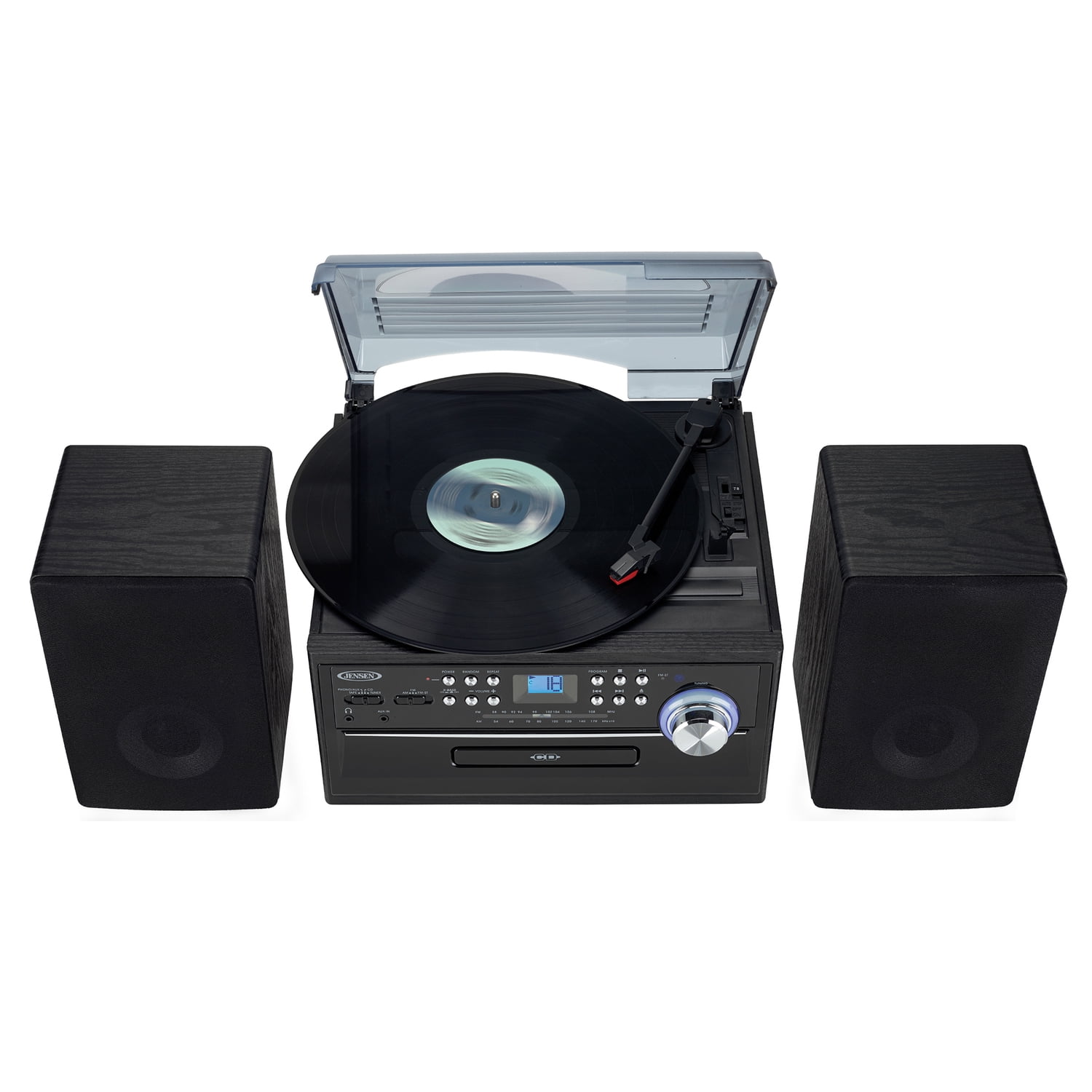 JENSEN 6-Watt-RMS 3-Speed Belt-Drive Manual Turntable with Detached Stereo Speakers, Pitch Control, CD/Cassette/AM/FM/Aux, Remote, JTA-475