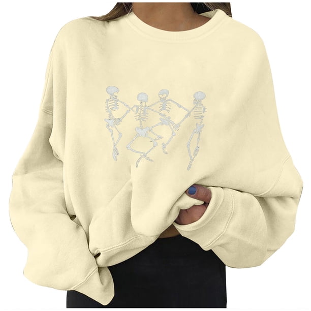 Moda mujer Halloween calavera estampado cuello redondo manga larga suelta sudadera blusa Tops Fridja bvmnju7019