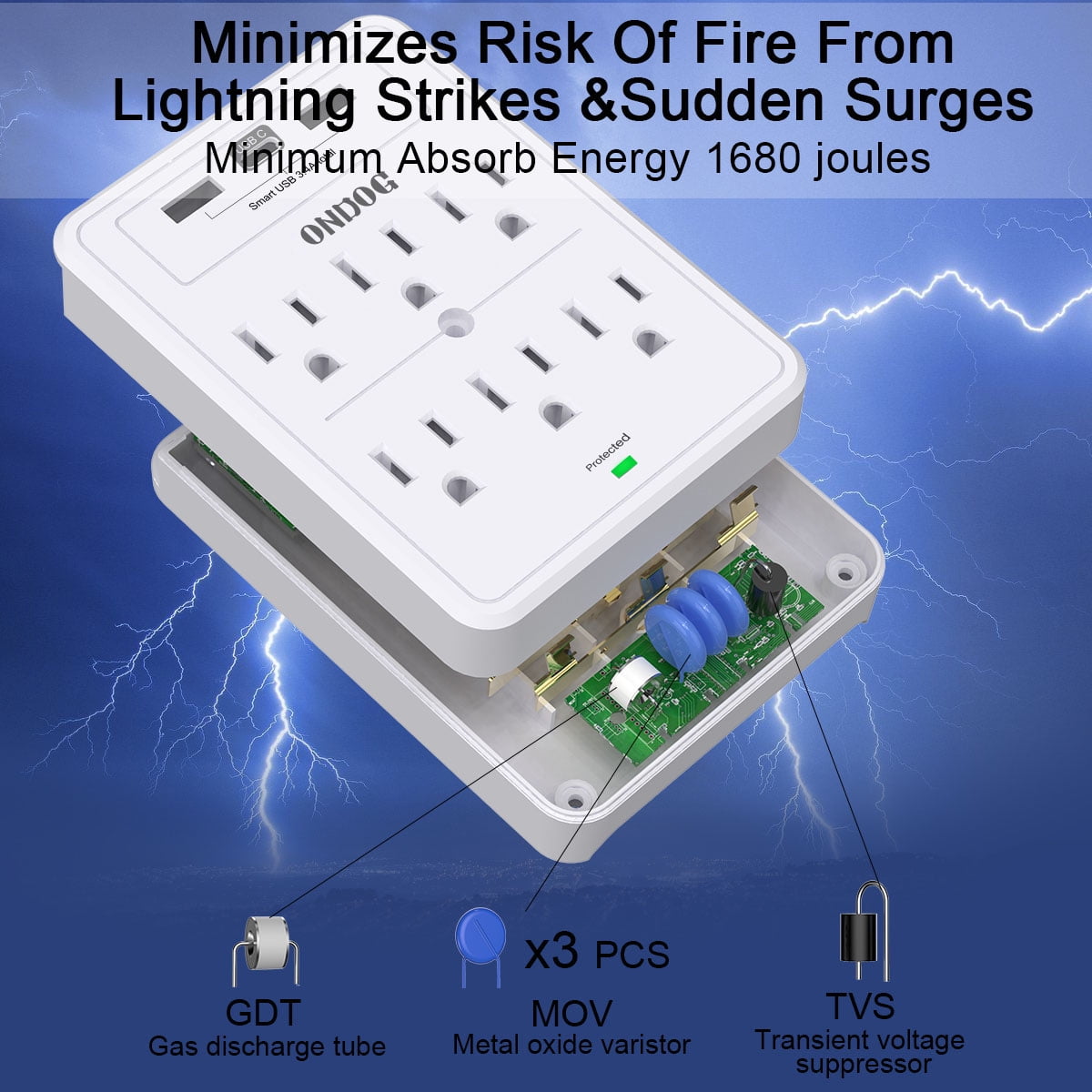ONDOG Multi Plug Outlet, Surge Protector, 6 Outlet Extender and 3 USB Ports, White
