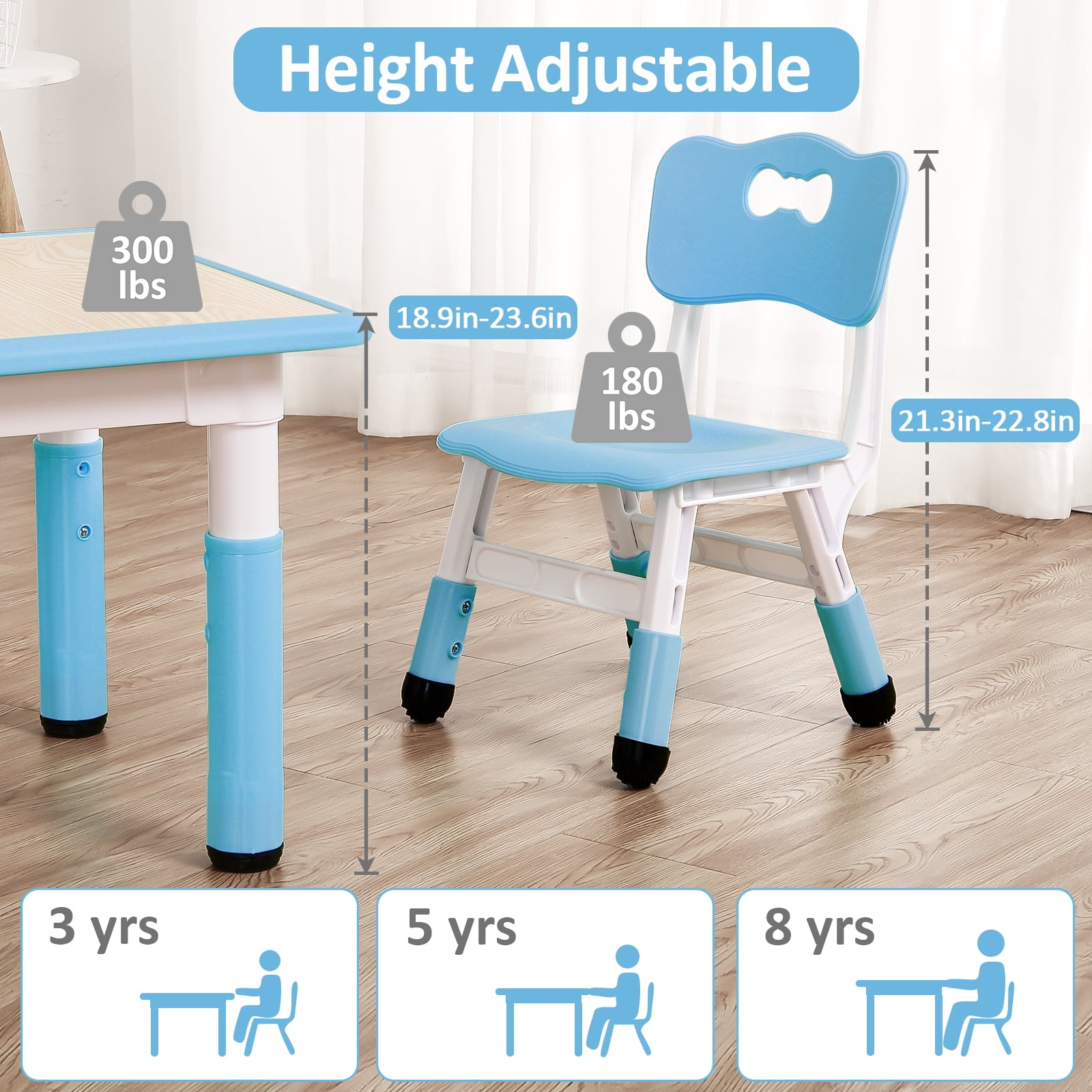 Kids Table and Chairs Set with 4 Seats, Adjustable Height Desk with Non-Slip Legs, Graffiti Table Top, for Ages 2-10, Multi-Activity Table for Classrooms, Daycares, Home