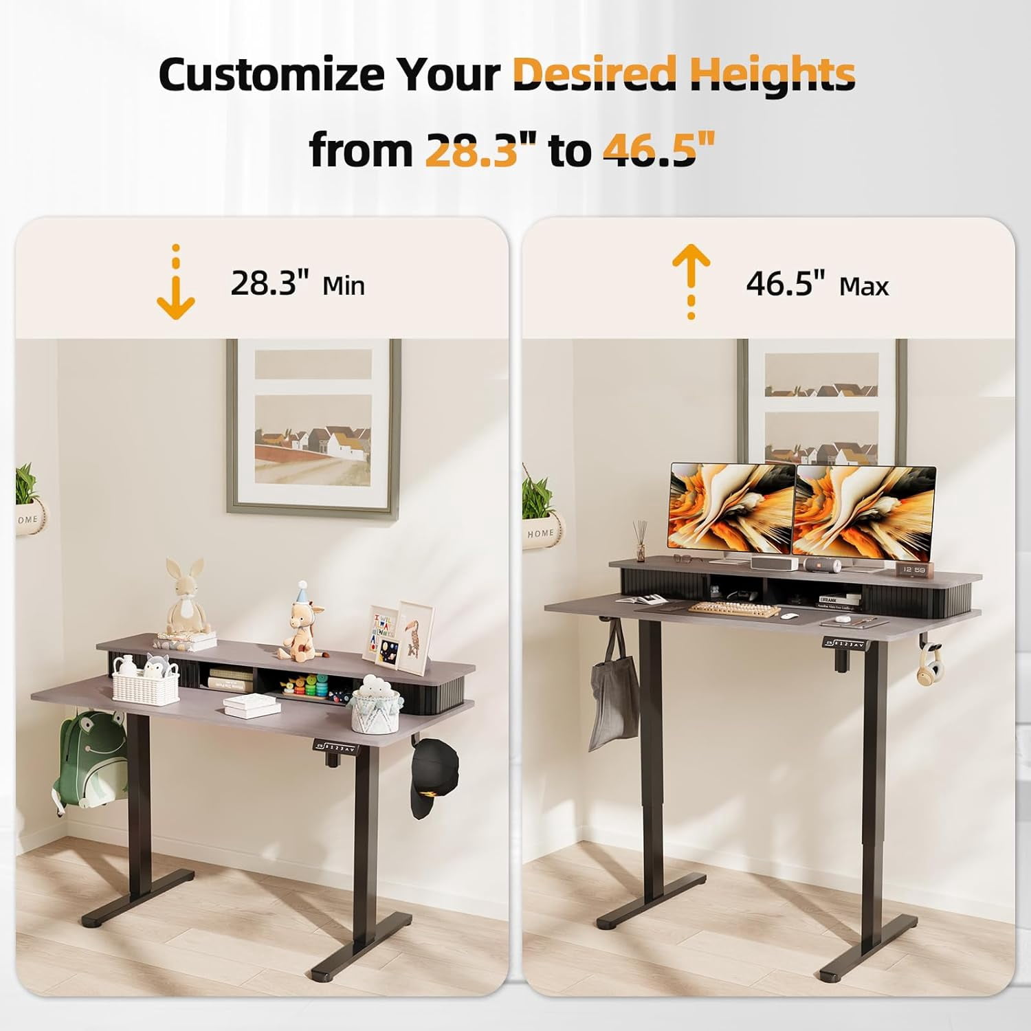 Height Adjustable Electric Standing Desk with Storage Shelves, 48 Inch Table with Built-in Monitor Stand, Sit Stand Desk with 2 Hooks for Home Office, Grey Desktop & Black Frame