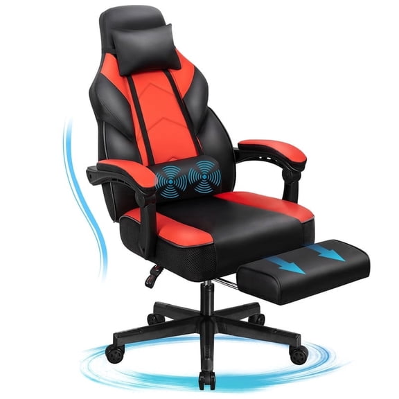 Walsunny Ergonomic Gaming Chair with Adjustable Footrest and Massage Leather Game Chair large gaming chair with Headrest and Lumbar Support for Adults, Red