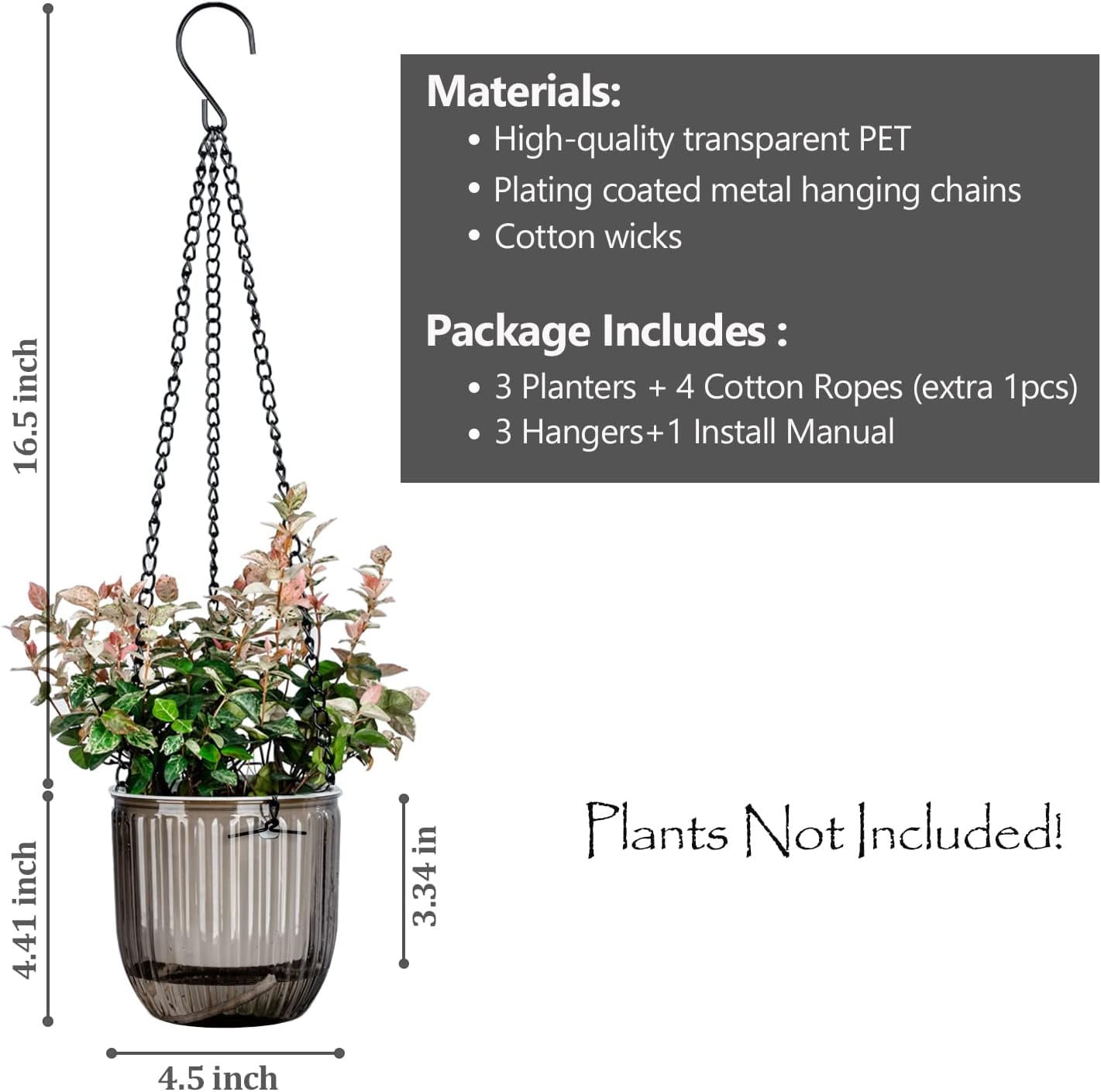 GIXUSIL 3-Pack 4 inch Self-Watering Hanging Planters with Drainage Holes, Green Indoor Outdoor Flower Pots with 3 Hook Chains for Garden Home