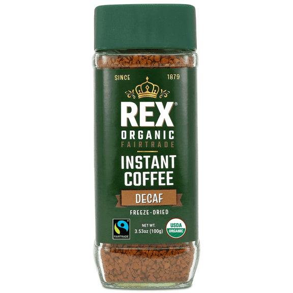 Rex Coffee Organic Fairtrade Decaf Freeze-Dried Instant Coffee, Medium Roast, 3.53 oz