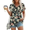 thumbnail image 2 of Summer Dressy Blouses for Women Pleated Short Sleeve Tunic Tops Casual Floral Shirts V-Neck Solid T-shirts Summer Vacation Beach Fashion Plus Size S-XXL, 2 of 6