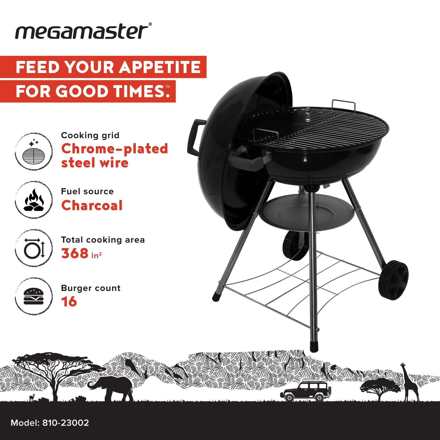 Megamaster – 22" Heavy Duty Charcoal Barbecue Grill with Adjustable Air Vent, 354 SQ. In Cooking Area, Storage Rack, 2 Wheeled Portable Grill for Camping, Outdoor Cooking, and More - 810-23002